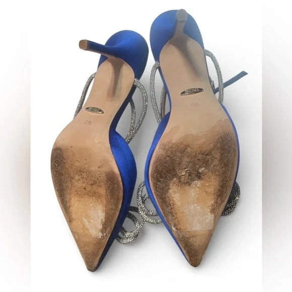 Badgley Mischka Jasmine Royal Blue Satin Point Toe Slingback Heels with Crystal - Picture 5 of 9